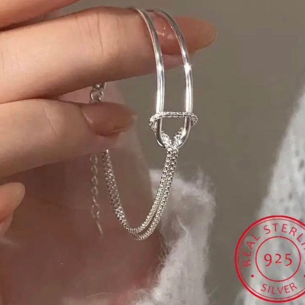 Sterling Silver Double Hoop Bracelet with Chain Accent